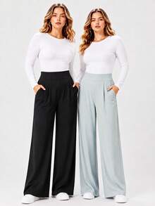 Women's Solid Color High Waist Pocket Pleated Casual Sports Long Pants 2pcs Set Black - Black - View 3