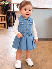 Vihyde Girls Korean Style Long Sleeve Inner Layer & Denim Pleated Pinafore Dress & Belt 3 Pieces Set - Light Wash - View 1