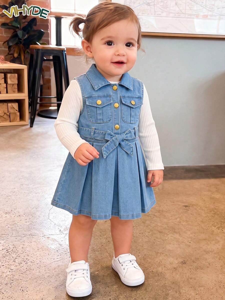 Vihyde Girls Korean Style Long Sleeve Inner Layer & Denim Pleated Pinafore Dress & Belt 3 Pieces Set - Light Wash - View 1