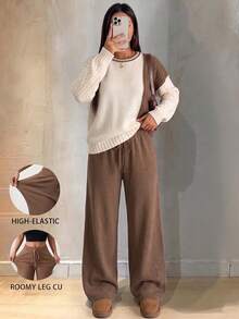 Setelan 2 Potong Sweater Rajut Leher Bulat Warna-warni untuk Wanita Ukuran Plus + Celana Panjang, Pakaian Kasual Elegan Lengan Panjang, Cocok untuk Musim Gugur - Khaki - View 3