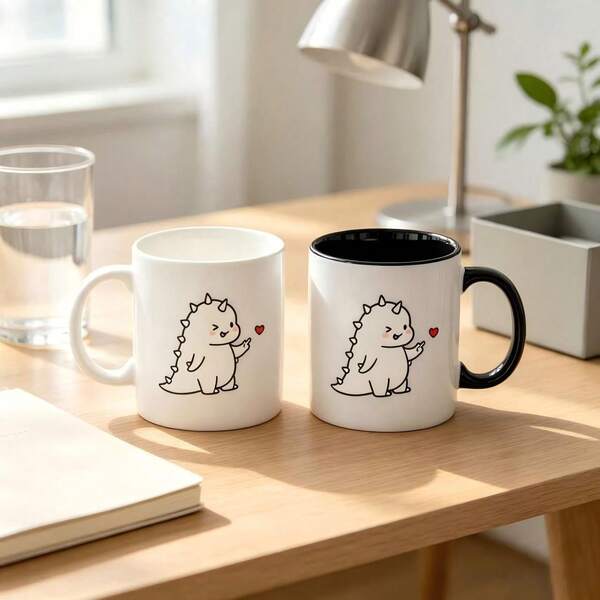 11oz Two‑Tone Ceramic Coffee Mug, Cute Cartoon Dinosaur Blowing Kiss With Little Red Heart Print Cup, Microwave & Dishwasher , For Home Office Daily Drink, Valentine Birthday Holiday Lovely Gift For Couple Friends