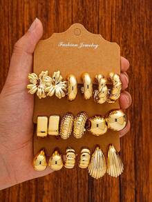 Juego de 6-18 piezas de pendientes dorados para mujer, moda para fiestas, viajes y vacaciones, regalo de compromiso, adecuado para diversas ocasiones, (hecho de material sintético CCB de baja alergia y no se desvanece) - Dorado - Ver 1