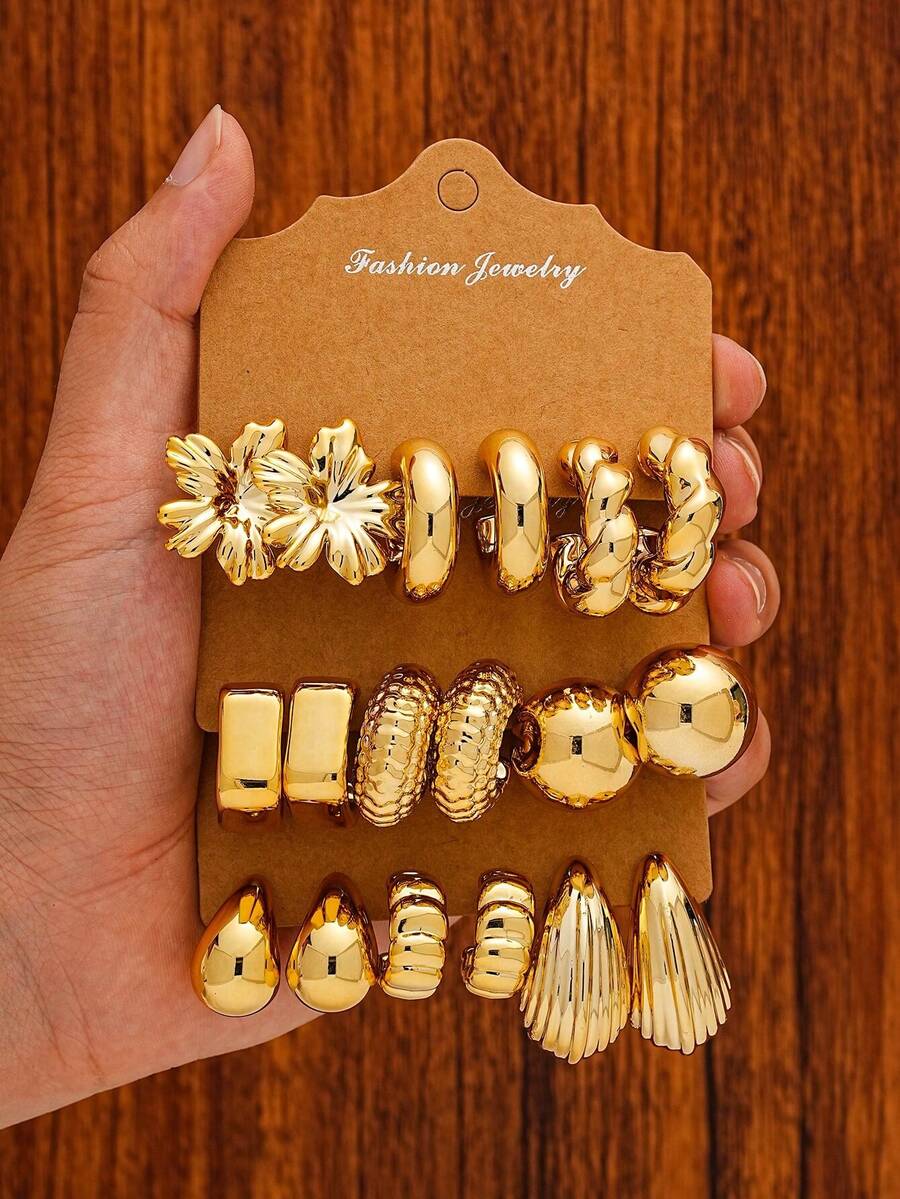 Juego de 6-18 piezas de pendientes dorados para mujer, moda para fiestas, viajes y vacaciones, regalo de compromiso, adecuado para diversas ocasiones, (hecho de material sintético CCB de baja alergia y no se desvanece) - Dorado - Ver 1