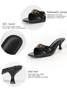 Black Animal Pattern Open Toe Buckle Accent Mid Heel Slip On Sandals Women Outdoor Casual Summer Footwear - Black - View 6