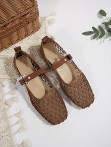 Bohemian Buckle Premium Fishnet Hollow Woven Closed-Toe Sandals - Brown - View 11