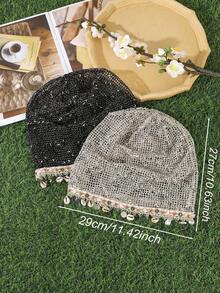 1pc Bohemian Style Hollow Knit Hat With Shell Tassel Decor, Suitable For Festival, Street And Daily Wear Accessory - Black - View 4