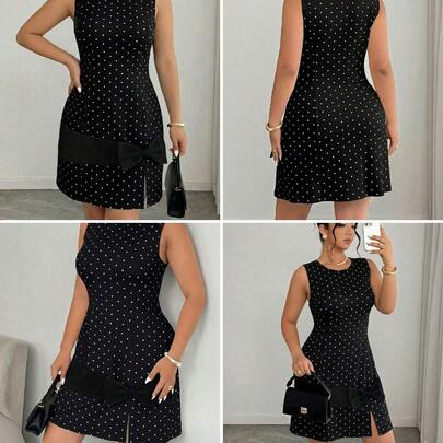 Vestido mini de punto de línea A con contraste de lunares y lazo, elegante y sin mangas, para mujer de talla grande, primavera/v
