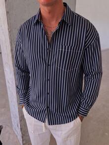 Men's Vertical Striped Long Sleeve Shirt, Turn-Down Collar Design, Chest Pocket, Front Button Closure, Loose Fit, Casual Daily Wear - Multicolor - View 3