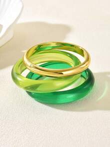 3pcs/Set Transparent Resin Bangle With Color-Block Gold Rim, Fashionable Personalized Women's Bracelet Accessory - Green - View 3