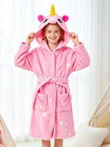 Tween Girl Pink Unicorn & Starry Sky Pattern Belted Sleep Robe - Multicolor - View 6