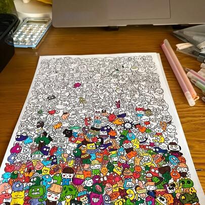 Páginas para colorear de dibujos animados lindos dibujados a mano + Juego de bolígrafos neutros de varios colores, Kit de papelería para aliviar el estrés, Paleta de personajes de garabatos kawaii con bolígrafos neutros de varios colores, Adecuado para aliviar el estrés de adultos, Juego de pintura de garabatos DIY, Suministros de arte y manualidades