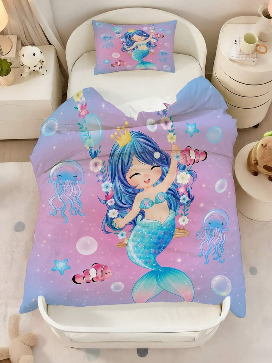 2件組可愛皇冠美人魚幼兒床上用品套裝,適用於兒童床與嬰兒床,節日送禮佳品(不含填充物),100%聚酯纖維 - 彩色 - 查看 1
