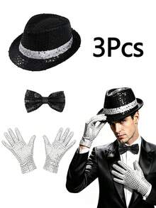 3pcs D EXCEED Disco Star Performance Costume Accessories, Unisex, Sequin Hat, Gloves, Bow Tie, Popular Stage Party Outfit, Suitable For Halloween Party, Cosplay - Multicolor - View 13