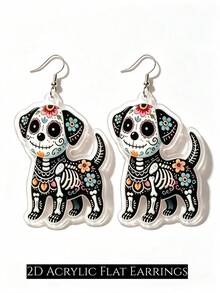 2D Flat Cute Skeleton Puppy Pendant Earrings, Gothic Floral Dog, Halloween Accessory, Mexican Day Of The Dead Earrings - Skeleton Puppy - View 7