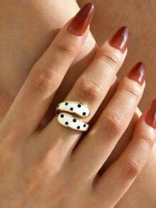 1pc Women's Wrap Open Ring, Gold-Plated White Enamel With Black Polka Dot Personalized Band, Daily Jewelry Gift - Multicolor - View 1