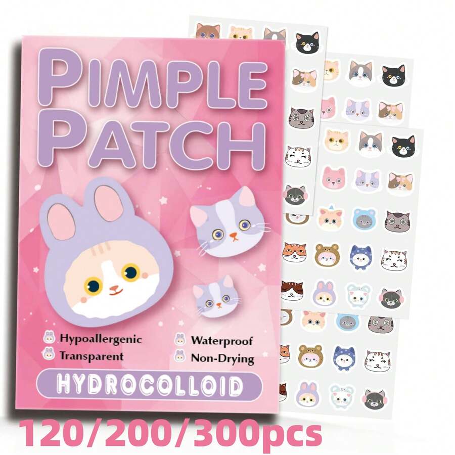 120/200/300pcs Stiker Hidrokoloid Kucing Lucu untuk Jerawat, 20 Model, Kapasitas Besar, Hadiah Kembali ke Sekolah dan Wisuda - Cat - View 1