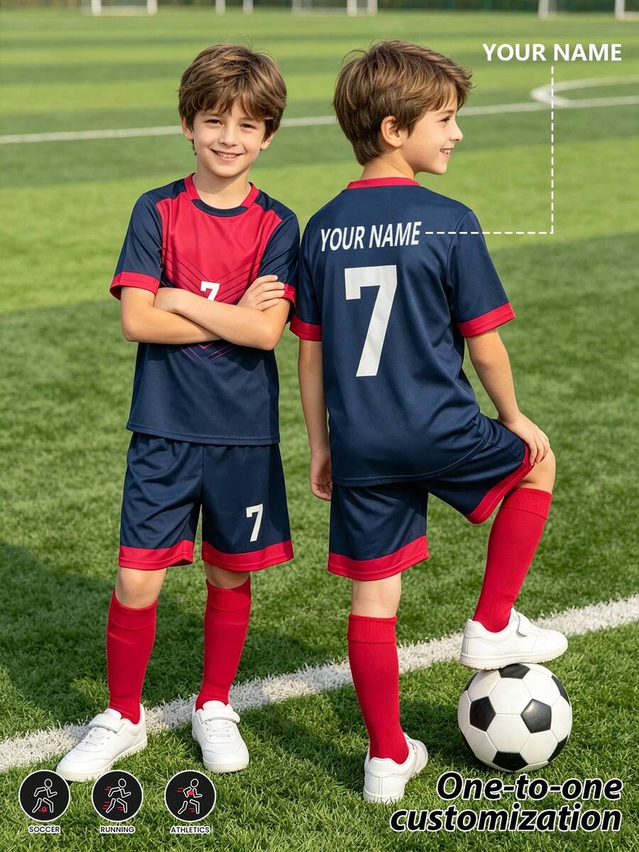 [Customized]Personalized Name Customization Celebrity Style No. 7 Number 2pcs Boys Girls Casual Soccer Uniform Set # -Round Neck-Short Sleeve And Shorts Set- Polyester, Back To School Season Suitable For -Sports -Training And Casual Wear, Outdoor Perfect Choice