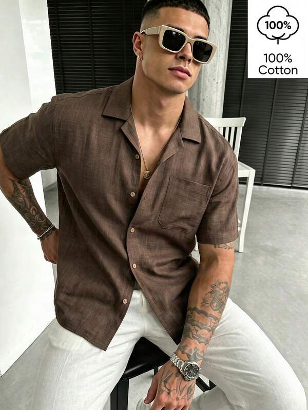WAIT HIM 100% Cotton Men's Casual Solid Color Short Sleeve Shirt With Notch Collar