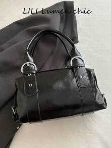 New Solid Color PU Mini Boston Handbag, Silver Rivet Decor, Double D-Ring Adjustable Top Handle, Detachable Crossbody Strap, Y2K Style Shoulder Bag, Streetwear And Cool Girl Essential, Suitable For Nightclubs, Weekend Shopping, City Walks And Daily Outings. - Black - View 5