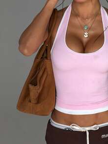 Minimalist Contrast Color Tank Top, Textured Daily Wear First Choice, Simple Elegant Fit, Versatile For Shopping, Dating, Commuting - Pink - View 2