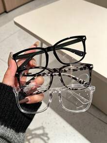 3PCS Women Leopard & Solid Frame Blue Light Glasses,Fake Glasses,Y2K Slim‑Face Eyewear,Back‑To‑School Daily Office Eyeglasses - A - View 2