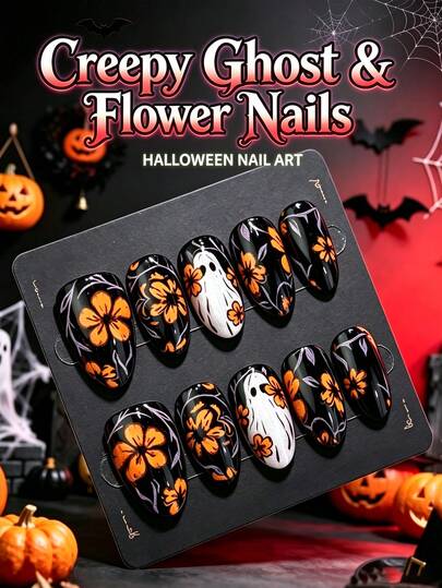 10Pcs Short Almond Halloween Press‑On Nails, Glossy Black False Nails With Hand‑Painted Orange Flower Cute Ghost Floral Vine Design, Gothic Spooky Reusable Stick‑On Acrylic Fake Nails, For Halloween Party Daily Holiday Nail Decor