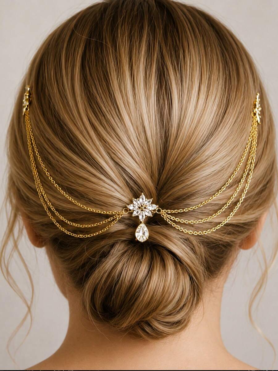 STONEFANS 1pc Multi-Layer Rhinestone Water Drop Hair Chain, Niche Design Luxury Elegant Bridal Evening Party Updo Hair Accessory - Multicolor - View 1