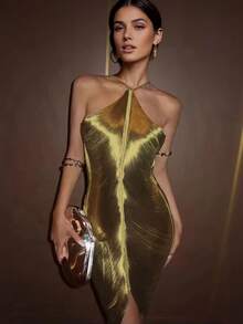 Sexy Sheer Women's Spaghetti Strap Backless Sleeveless Tassel Decor Short Party Evening Dress - Gold - View 1