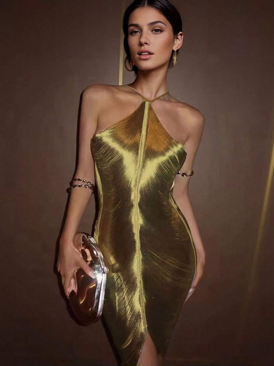 Sexy Sheer Women's Spaghetti Strap Backless Sleeveless Tassel Decor Short Party Evening Dress - Gold - View 1