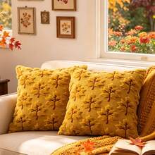 1pc 17.7x17.7 Inch 3D Maple Leaf Quilted Loop Plush Pillow Cover, American Countryside Autumn Harvest Faux Fur Cushion Cover, Thanksgiving Fall Decor For Living Room Sofa Bedroom, Pillow Insert Not Included - Ginger - View 8