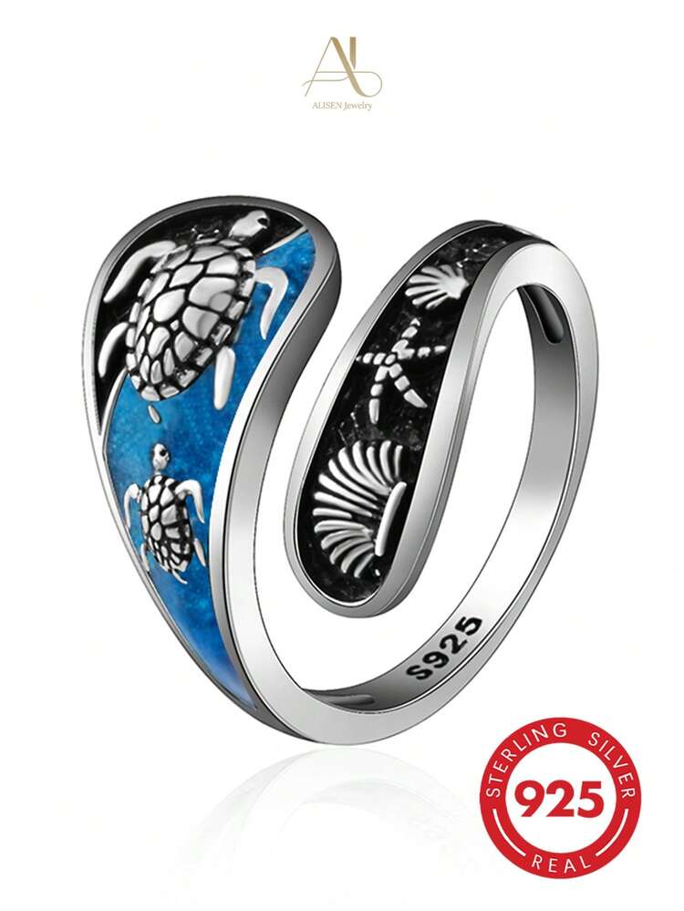 1pc Unique 925 Silver Resin Sea Turtle, Starfish & Shell Ring, Fashion Accessory For Women, Suitable For Vacation, Party, Wedding, Holiday Gift - Blue - View 4