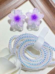 1 Set TPU Flower Data Cable Protector, Protects Data Cable, Made Of Durable ABS Material - Compatible With Apple 18W/20W Charger, Protects Charging Phone Cable From Damage - Purple Plumeria - View 3