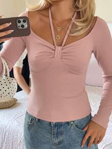 Autumn New Hot Girl Halter Neck Twisted Long Sleeve T-Shirt Slim Fit Flattering Base Layer Top - Pink - View 5
