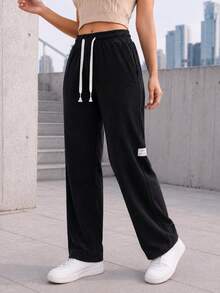 Women Black Ribbed Wide Leg Pants Elastic Drawstring Waist Relaxed Fit Casual Lounge Trousers For Everyday Wear. - Black - View 1