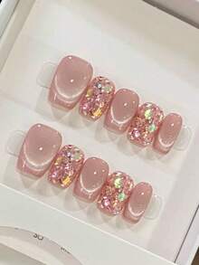 10pcs Sweet Y2K Style Coffin Shaped Press-On Nails, Short Length Cute Girl Manicure, Summer Nails, Enhance Your Elegant - Multicolor - View 10