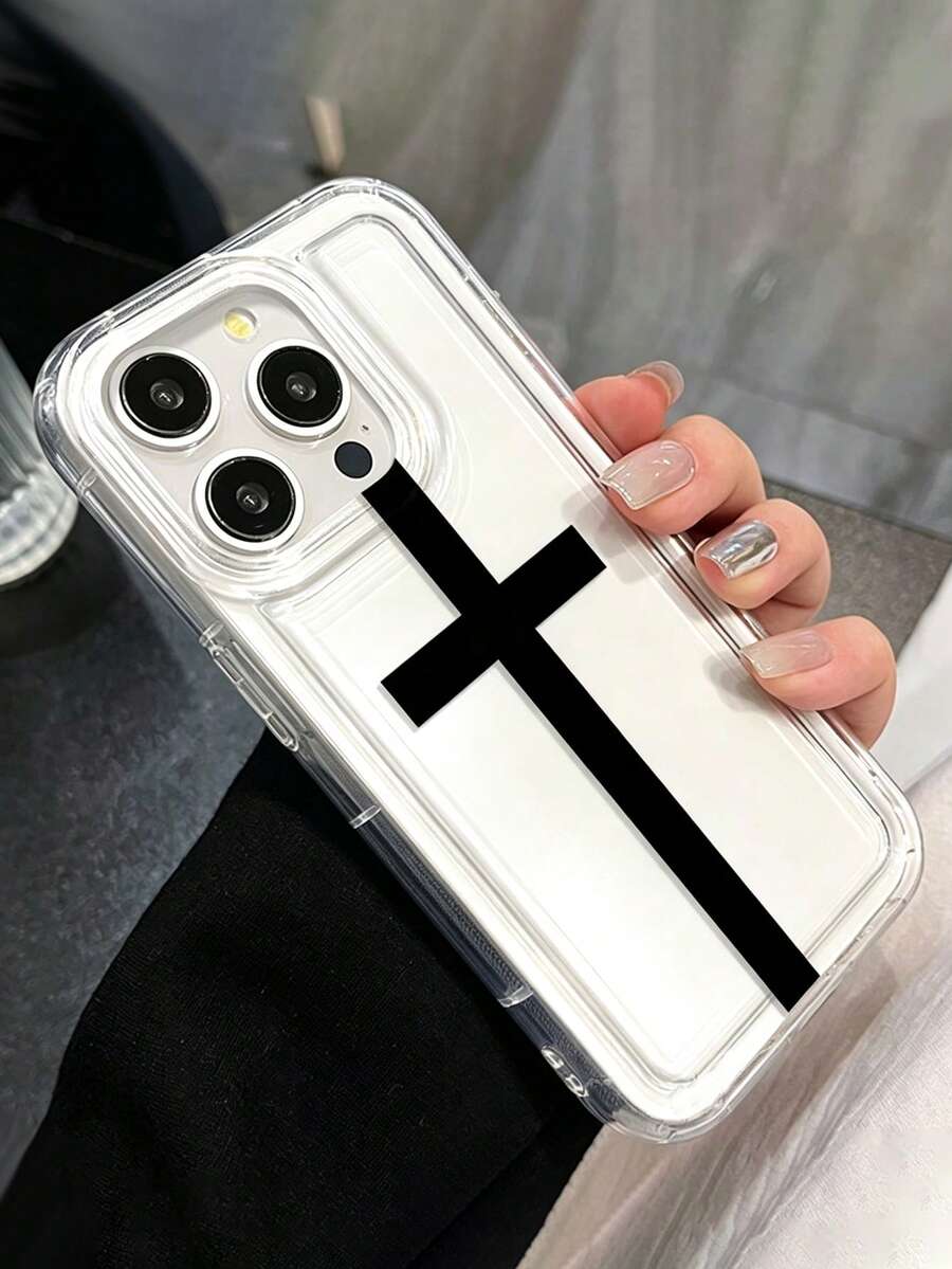Fashionable Personalized Minimalist Transparent Religious Cross Anti-Drop Phone Case With Black Cross Pattern Design, Suitable For IPhone17/17Pro/17ProMax/16/16Pro/16ProMax/15/15Pro/15ProMax/14/13/12/11, Perfect Gift For Girlfriend, Boyfriend, Friend Or Yourself - Clear - View 1