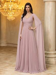 SUPGIR Gaun Chiffon Berlipit dengan Leher V dan Detail Kerut di Bagian Dada, Lengan Mengembang, Cocok untuk Pesta & Gaun Malam - Berwarna merah muda - View 4