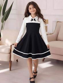Tween Girls' Summer Patchwork Lapel Dress With Bow Decor, Cinched Waist A-Line Princess Style - Black - View 1