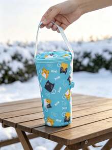 1pc/6pcs Cute Cartoon Print Cylindrical Storage Bag, Zipper Closure Portable Handbag, Multi-Functional Round Storage Bag, Lightweight Water Bottle Sleeve, Suitable For Water Bottles And Milk Tea Cups, Ideal For Outdoor Travel, Shopping And Daily Use - Multicolor - View 15
