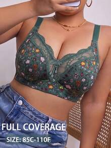 1pc Casual Comfortable Minimalist Plus Size Women's Bra Lace Patchwork, Wireless Push-Up Soft Comfortable Lingerie - Green - View 4