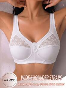 1pc Casual Comfortable Minimalist Women's Bra With Lace Patchwork, Wire-Free Back Design Lingerie - White - View 3