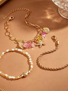 3pcs/Set Beach Rice Bead & Shell Bracelet Set, Summer Versatile Starfish & Shell Rice Bead Bracelet Set - Gold - View 3