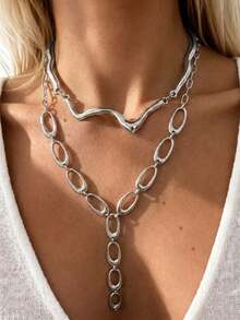 2pcs Liquid Lava Geometric Exaggerated Circle Patchwork Chain Multi-Layer Necklace Jewelry Set - Silver - View 2