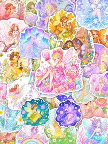 50Pcs Cute Fantasy Fairy Scrapbook Stickers, Watercolor Magical Flower Fairy Rainbow Star Waterproof Decals For Notebook Planner Craft - Multicolor - View 1