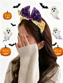 1pc New Halloween Bow Sequin Headband Women's Hair Accessory Headpiece - Multicolor - View 2