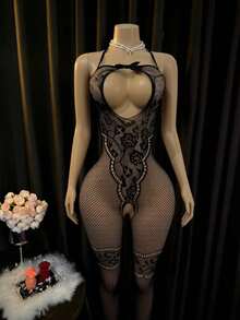 Lingerie Set/Role Play Costume, Camisole, Fishnet Jumpsuit, Elastic Fishnet Lingerie Jumpsuit, Bikini Suitable For Women And Girls - Black - View 3