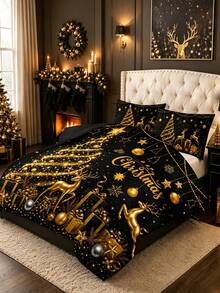 3pcs Christmas Theme Black Background Gold Christmas Tree & Deer Pattern Bedding Set - Soft, Comfortable & Breathable, 200g Quilted Filling, Includes 1 Quilt And 2 Pillowcases (Pillow Inserts Not Included) - Perfect Choice For Home Or Dorm Christmas Decoration - Multicolor - View 4