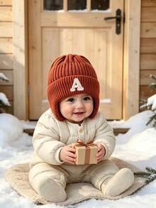 1pc Baby Winter Knit Hat, Toddler Thick Warm Letter Knit Beanie, Comfortable Soft Elastic Thick, Suitable For Winter Outings - Brown - View 4