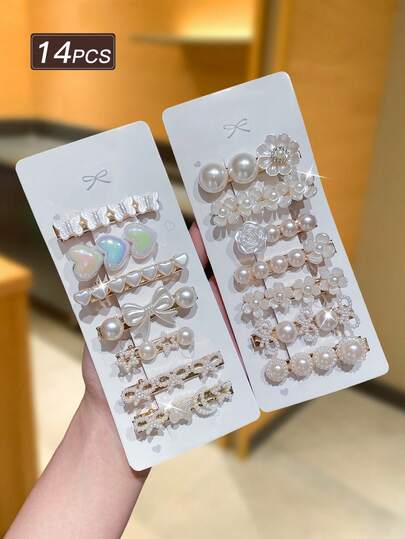 14pcs Women's Elegant Faux Pearl Hair Clips, Flower Bow Heart Side Clips, Alligator Hair Clips, Vintage Elegant Style, Women's Hair Accessories. Suitable For Daily Casual, Shopping, Campus, Party, Date Wear. Gift