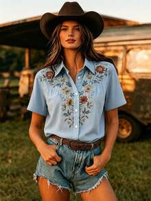YI XUAN Women's Vintage Bohemian Print Short Sleeve Shirt, Suitable For Autumn, Winter, Summer, Fashionable Casual, Daily Wear, Vacation And Music Festival - Blue - View 2